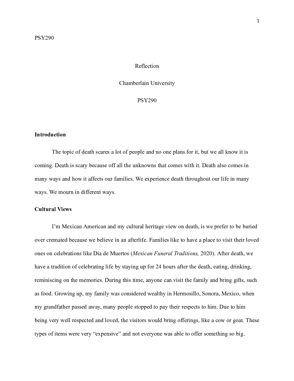 Preview image of FINALWeek8. Death.docx  PSY290  Reflection  Chamberlain University  PSY290  Introduction document